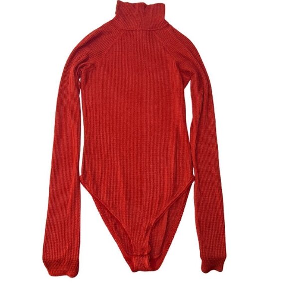 INTIMATELY FREE PEOPLE Burnt Orange Waffle Knit Turtleneck Bodysuit Size S - Picture 2 of 9